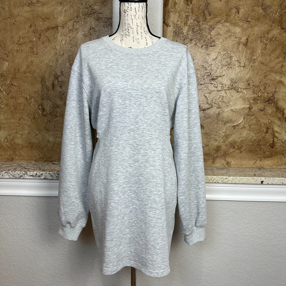 Commense Cutout Open Back‎ Fleece Sweatshirt Mini Dress Large Light Gray Comfy